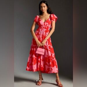 Anthropologie The Silverlake Flutter-Sleeve Dress in Red-Pink, Size L